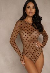 Brązowe Transparentne Body z Wiskozą w Kropki z Weluru Lianassa. Brązowe body Renee, l, bez wzorów, z jeansu. Za 89.99 zł.