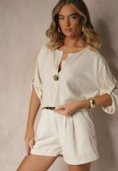 Jasnobeżowa Bluzka Oversize z Lnem i Wiskozą z Ozdobną Aplikacją Miliria. Brązowe bluzki Renee, z aplikacjami, z jeansu, eleganckie, bez kołnierzyka, bez ramiączek. W wyprzedaży za 62.99 zł.