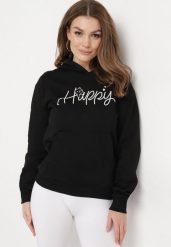 Czarna Bluza z Kapturem Napisem i Kangurkową Kieszenią Adrippa. Czarne bluzy Born2be, l, bez wzorów, z kapturem. Za 79.99 zł.