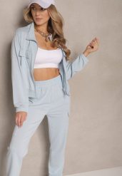 Jasnoniebieski Komplet Dresowy w Stylu Cargo Bluza i Spodnie Korirana. Niebieskie bluzy Renee, m, z aplikacjami, z dresówki, bez kaptura. Za 69.99 zł.