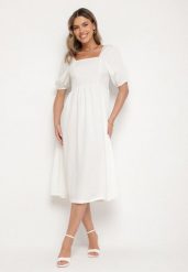 Biała Rozkloszowana Sukienka z Bufiastymi Rękawami Kolireva. Białe sukienki Born2be, na co dzień, m, bez wzorów, eleganckie, bez kołnierzyka, bez ramiączek, midi, rozkloszowane. Za 99.99 zł.