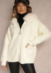 Jasnobeżowa Bluza z Wełną z Kapturem i Kieszeniami Ozdobiona Futerkiem Siliti. Brązowe bluzy Renee, na zimę, l, bez wzorów, z jeansu, z kapturem. Za 159.99 zł.