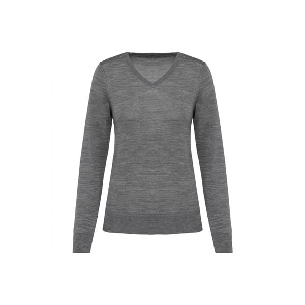 Damski sweter z merynosów z dekoltem v-neck Kariban Premium. Szare swetry KARIBAN, na zimę, bez wzorów, z wełny, bez ramiączek. Za 297.00 zł.