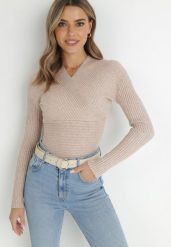 Beżowy Sweter Kopertowy z Prążkowanej Dzianiny Zaki. Brązowe swetry Born2be, s, bez wzorów, z dzianiny, bez ramiączek. Za 44.99 zł.
