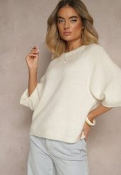 Jasnobeżowy Sweter z Rękawami 3/4 z Wełną Dannalin. Brązowe swetry Renee, na wiosnę, bez wzorów, z wełny, bez ramiączek. Za 129.99 zł.