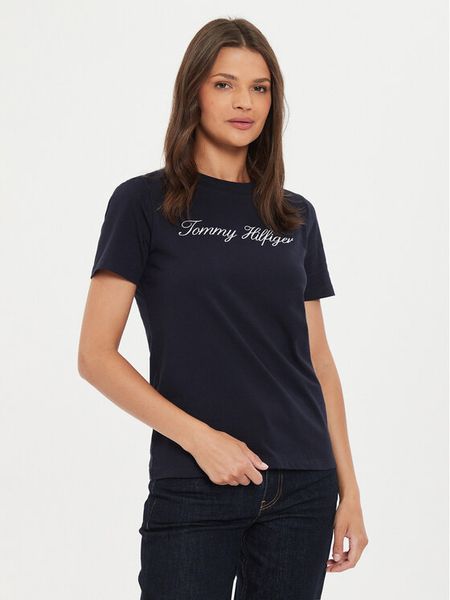 Tommy Hilfiger T-Shirt Script WW0WW43459 Granatowy Regular Fit. Niebieskie t-shirty TOMMY HILFIGER, l, bez wzorów, z bawełny, bez kołnierzyka, bez ramiączek. Za 109.99 zł.