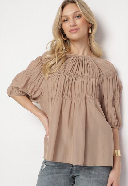 Jasnobrązowa Bluzka z Ozdobnymi Marszczeniami i Rękawami w Gumkę z Wiskozą Wenessa. Brązowe bluzki Born2be, bez wzorów, z jeansu, klasyczne, bez kołnierzyka, bez ramiączek. Za 59.99 zł.