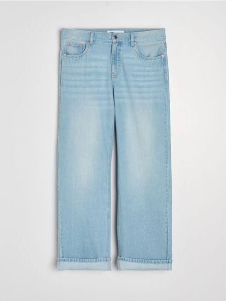 Jeansy baggy z efektem sprania - niebieski. Niebieskie jeansy Sinsay, l, bez wzorów. Za 69.99 zł.