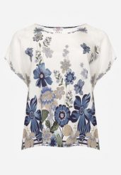 Niebieska Wiskozowa Bluzka w Kwiaty Talina. Niebieskie bluzki Born2be, l, bez wzorów, z jeansu, eleganckie, bez kołnierzyka, bez ramiączek. Za 49.99 zł.