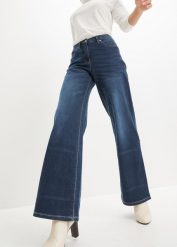 Jeansy wide leg ze średnim stanem i wygodnym pasem. Niebieskie jeansy bonprix, bez wzorów. Za 147.99 zł.