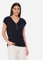 T-shirt z zamkiem, krótki rękaw. Czarne t-shirty bonprix, bez wzorów, bez kołnierzyka, bez ramiączek. Za 69.99 zł.