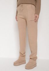 Ciemnobeżowe Sweterkowe Spodnie z Wełną z Ozdobnymi Kieszeniami Monilana. Brązowe spodnie materiałowe Born2be, na co dzień, l, bez wzorów, z jeansu. Za 69.99 zł.