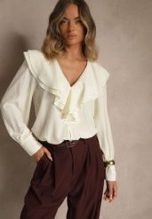Jasnobeżowa Koszula Vices z Dekoltem z Falbanami i Bufiastymi Rękawami Zoiruna. Brązowe koszule Renee, l, bez wzorów, z jeansu, boho, bez kołnierzyka, bez ramiączek. Za 99.99 zł.