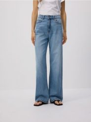 Jeansy wide leg z dodatkiem lnu - niebieski. Niebieskie jeansy Reserved, bez wzorów. Za 159.99 zł.