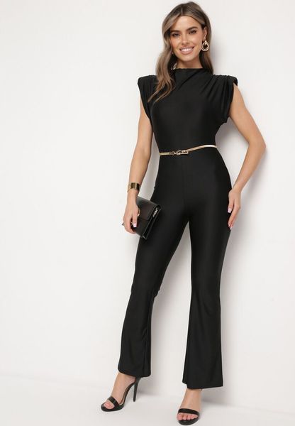 Czarny Kombinezon z Rozszerzanymi Nogawkami i Poduszkami w Ramionach Atearai. Czarne sukienki Born2be, na co dzień, bez wzorów, eleganckie, bez kołnierzyka, bez ramiączek, mini, kopertowe. Za 109.99 zł.