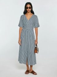 Sukienka damska midi z wiskozy w paski granatowo-białe Zissa 403. Niebieskie sukienki Big Star, do pracy, l, bez wzorów, z tkaniny, biznesowe, bez kołnierzyka, bez ramiączek, midi. Za 249.99 zł.