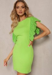 Jasnozielona Sukienka z Bawełny Wykończona Ażurowym Rękawem Detmolfa. Zielone sukienki Renee, na co dzień, na lato, l, w ażurowe wzory, z bawełny, eleganckie, bez kołnierzyka, bez ramiączek, mini, proste. Za 54.99 zł.