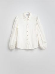 Koszula z dodatkiem lnu - złamana biel. Koszule Reserved, l, bez wzorów, z tkaniny, bez kołnierzyka, bez ramiączek. W wyprzedaży za 59.99 zł.