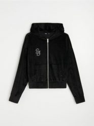 Welurowa bluza hoodie z biżuteryjną aplikacją - czarny. Czarne bluzy Sinsay, l, z aplikacjami, z weluru, bez kaptura. Za 49.99 zł.