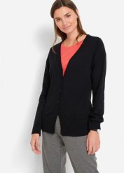 Sweter rozpinany basic z gładkiej dzianiny z plisą guzikową. Czarne kardigany bonprix, bez wzorów, z bawełny. Za 102.99 zł.