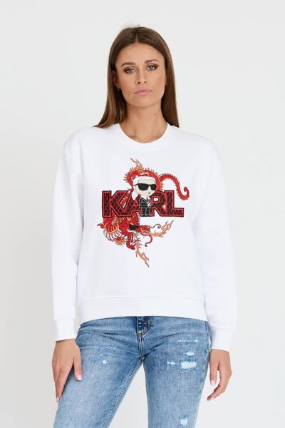 KARL LAGERFELD Biała damska bluza ikonik lny, Rozmiar XS. Białe bluzy KARL LAGERFELD, xs, bez wzorów, bez kaptura. W wyprzedaży za 510.99 zł.