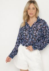 Czarna Koszula w Kwiatowy Print Divocca. Czarne koszule Born2be, l, bez wzorów, z jeansu, eleganckie, bez kołnierzyka, bez ramiączek. Za 119.99 zł.