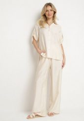 Jasnobeżowy Komplet z Wiskozy Koszula z Podpinanymi Rękawami i Szerokie Spodnie Dormoi. Brązowe koszule Born2be, l, bez wzorów, z materiału, eleganckie, bez kołnierzyka, bez ramiączek. Za 99.99 zł.