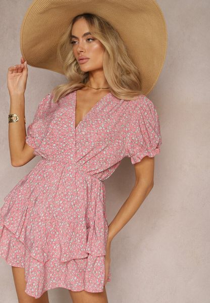 Różowa Krótka Sukienka Letnia z Gumką w Talii i Falbankami Jasimra. Czerwone sukienki Renee, na lato, l, bez wzorów, wakacyjne, bez kołnierzyka, bez ramiączek, mini. Za 69.99 zł.