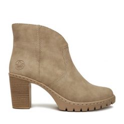 Botki Rieker. Brązowe botki Rieker, bez wzorów, bez obcasa, na słupku, bez zapięcia. Za 329.99 zł.