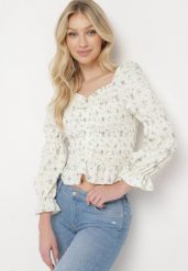 Beżowo-Zielona Bluzka w Stylu Boho z Elastycznymi Gumeczkami w Kwiatki Kanuata. Brązowe bluzki Born2be, bez wzorów, boho, bez kołnierzyka, bez ramiączek. W wyprzedaży za 63.99 zł.