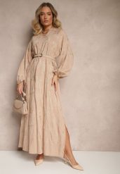 Beżowa Sukienka z Wiskozy Ozdobiona Haftami i Metaliczną Nicią Tervezia. Brązowe sukienki Renee, na co dzień, na lato, l, bez wzorów, z wiskozy, eleganckie, bez kołnierzyka, bez ramiączek, maxi, kopertowe. Za 119.99 zł.