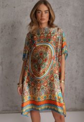 Pomarańczowe Satynowe Ponczo z Jedwabiem i Wiskozą w Stylu Boho Prixeis. Brązowe swetry Renee, uniwersalny, bez wzorów, z jedwabiu, bez ramiączek. Za 59.99 zł.