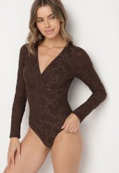 Brązowe Koronkowe Body z Bawełną z Długim Rękawem Zenarria. Brązowe body Born2be, m, z aplikacjami, z bawełny. Za 89.99 zł.