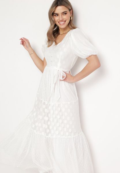 Biała Tiulowa Sukienka Maxi z Paskiem Falbankami i Bufiastymi Rękawami Zelari. Białe sukienki Born2be, l, bez wzorów, z tiulu, bez kołnierzyka, bez ramiączek, maxi. Za 179.99 zł.