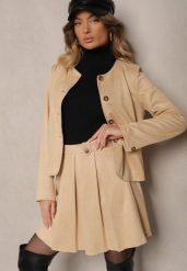 Beżowa Rozkloszowana Spódnica z Ekozamszu z Plisami w Stylu Preppy Sealia. Brązowe spódnice Renee, do pracy, l, bez wzorów, biznesowe, mini, dopasowane. Za 89.99 zł.