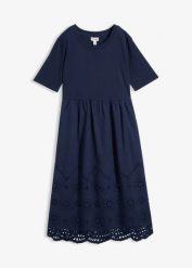 Długa sukienka z czystej bawełny. Niebieskie sukienki bonprix, w ażurowe wzory, z bawełny, bez kołnierzyka, bez ramiączek, maxi. Za 229.99 zł.
