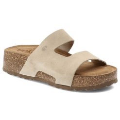 Klapki damskie Yokono, cholewka ze skóry naturalnej zamszowej z szerokim paskiem podeszwą korkową z wyściółką skórzaną, beżowe, Wiwi-260 Ser Crudo. Brązowe klapki Yokono, bez wzorów, ze skóry, bez obcasa. Za 209.00 zł.