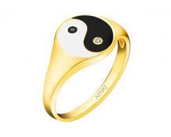 Pierścionek z żółtego złota z diamentami i emalią - sygnet - yin yang - 0,01 ct - próba 375. Żółte pierścionki Apart, z diamentem, złote. Za 1,490.00 zł.