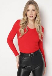 Czerwony Dopasowany Sweter z Prążkowanej Dzianiny z Bawełną z Dekoltem w Serek Tesma. Czerwone swetry Born2be, uniwersalny, bez wzorów, z bawełny, bez ramiączek. Za 39.99 zł.