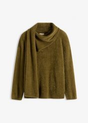 Sweter oversize z szalem. Zielone swetry bonprix, bez wzorów, bez ramiączek. Za 114.99 zł.