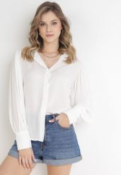 Biała Koszula z Kołnierzem i Marszczeniem Gabriels. Białe koszule Born2be, bez wzorów, z tkaniny, eleganckie, bez kołnierzyka, bez ramiączek. Za 79.99 zł.