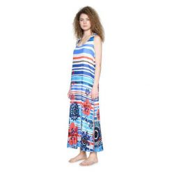 Desigual sukienka damska Flora S niebieska. Niebieskie sukienki Desigual, s, bez wzorów, bez kołnierzyka, bez ramiączek, maxi. W wyprzedaży za 255.00 zł.