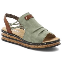 Zielone Sandały Rieker Modne Obuwie Damskie Na Koturnie. Zielone sandały Rieker, bez wzorów, sportowe, bez obcasa, na koturnie, bez zapięcia. Za 299.00 zł.