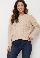 Beżowy Sweter z Wiskozą i Wełną Aplikacją 3D i Tłoczeniem Vaishira. Brązowe swetry Born2be, na zimę, m, z aplikacjami, z wełny, bez ramiączek. Za 89.99 zł.
