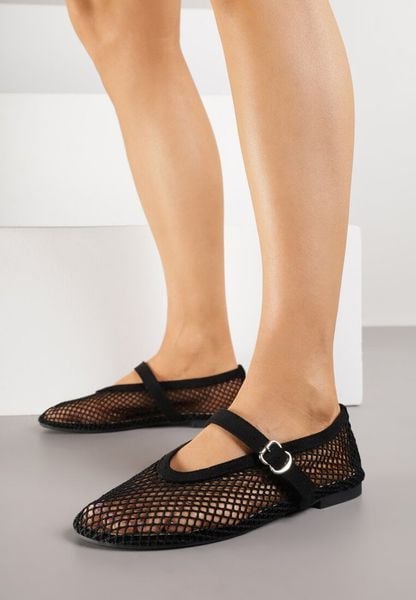 Czarne Siateczkowe Balerinki z Paskiem Appletwinkle. Czarne baleriny Born2be, bez wzorów, z jeansu, bez obcasa. Za 89.99 zł.