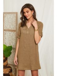 Lin Passion Lniana sukienka w kolorze beżowym rozmiar: 40/42. Brązowe sukienki Lin Passion, na co dzień, bez wzorów, ze lnu, klasyczne, bez kołnierzyka, bez ramiączek, mini, proste. Za 159.95 zł.
