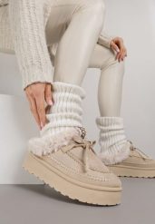 Beżowe Rustykalne Śniegowce z Niską Cholewką Zdobione Futrem i Kokardą Tuspena. Brązowe trapery i śniegowce Renee, z dzianiny, przed kostkę. Za 99.99 zł.