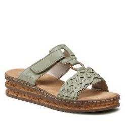 Klapki Rieker. Zielone klapki Rieker, bez wzorów, bez obcasa. Za 289.99 zł.