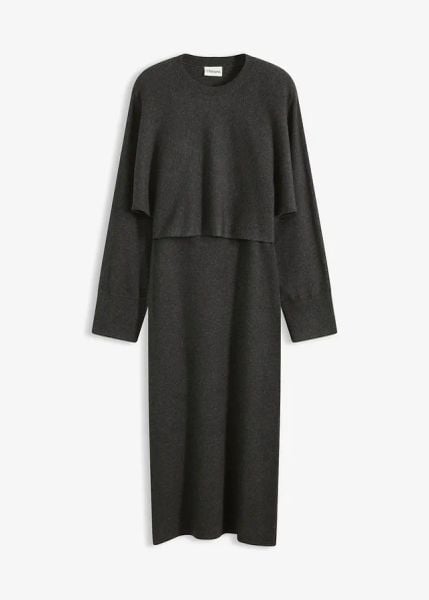 Dzianinowy komplet: sukienka i sweter (2 części). Czerwone sukienki bonprix, bez wzorów, z dzianiny, bez kołnierzyka, bez ramiączek. Za 199.99 zł.
