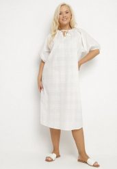 Biała Bawełniana Sukienka Oversize z Wiązaniem pod Szyją Tolanea. Białe sukienki Born2be, l, bez wzorów, z bawełny, bez kołnierzyka, bez ramiączek, midi, oversize. Za 89.99 zł.